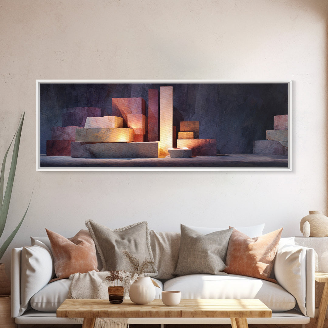 Illuminated Geometric Blocks Framed Canvas Print, Midcentury Modern Abstract Art, MCM Wall Decor For Office And Home Decor