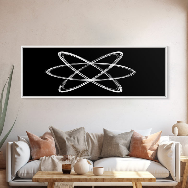 White Atomic Orbit Lines Canvas Print, Midcentury Modern Wall Art, Black And White Geometric Poster, Space Age Decor, Retro Office