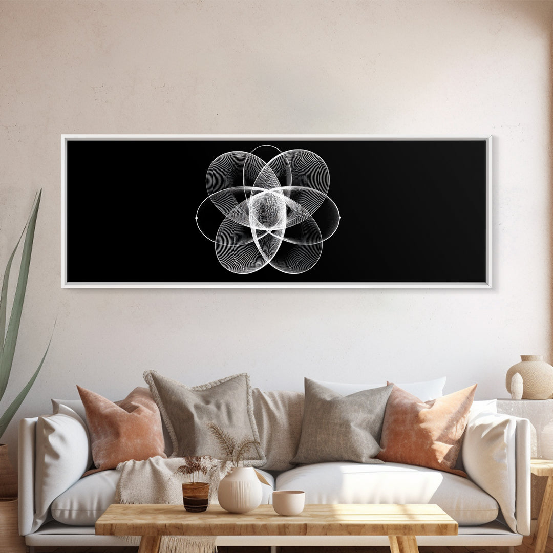 White Orbital Flower Abstract Wall Art, Modern Geometric Canvas, Black And White Midcentury Decor, Office Statement Print