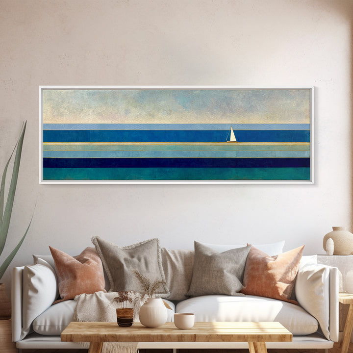 Minimal Sailboat Seascape Wall Art, Midcentury Modern Coastal Print, Blue Nautical Living Room Decor, Ocean Canvas Art Print