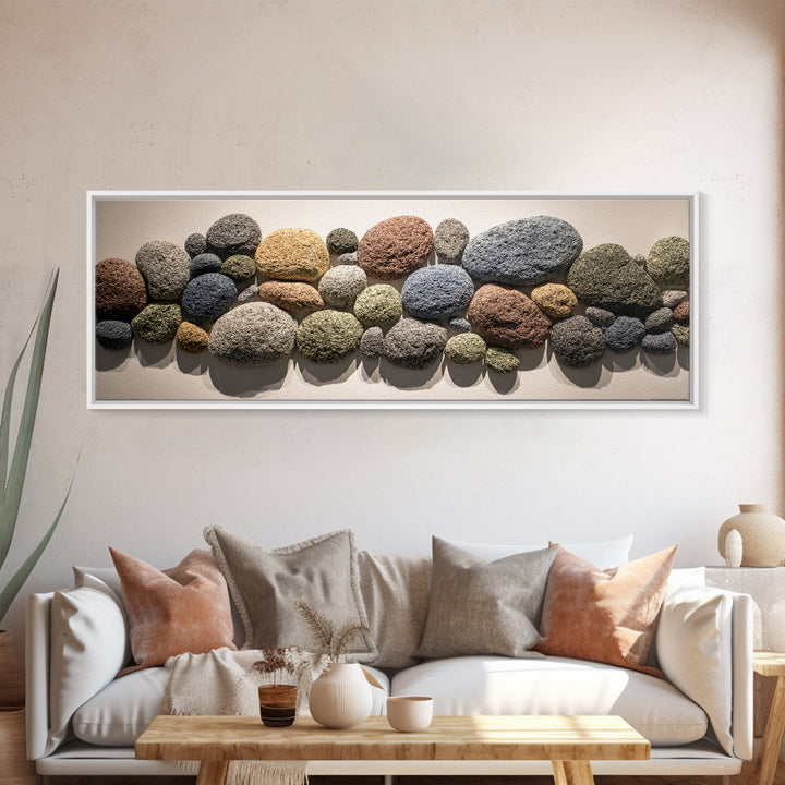 Neutral Pebble Stone Cluster Framed Canvas Print, Organic Abstract Wall Art, Modern Home Decor, Earth Tone Texture Poster