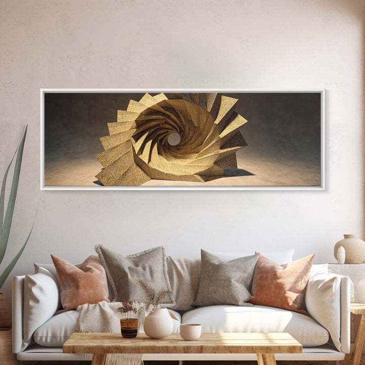 Golden Spiral Vortex Sculpture Framed Canvas Print, Modern Sculpture, Geometric Wall Art, Abstract Decor, Statement Piece