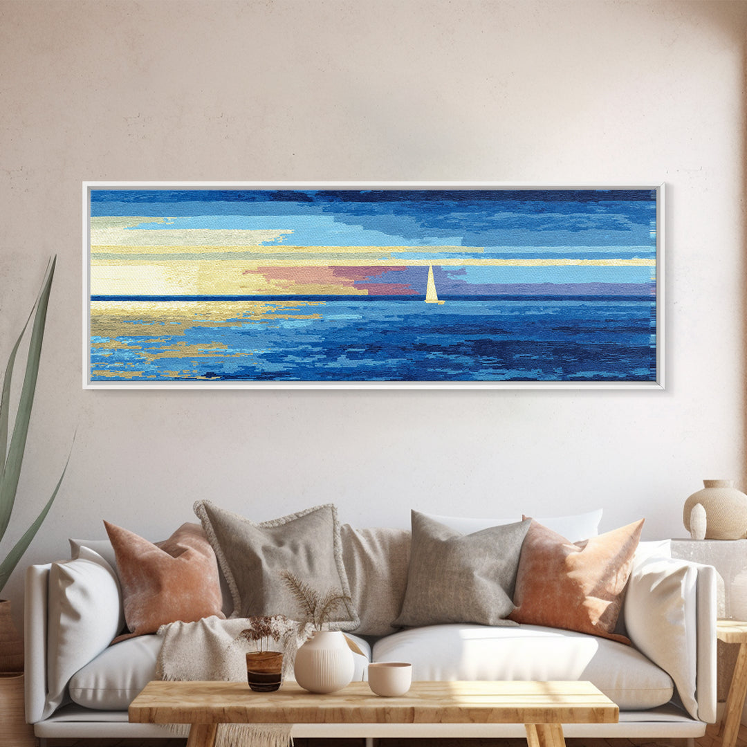 Blue Sailboat Ocean Horizon Canvas Print, Modern Coastal Wall Art, Nautical Seascape Decor, Calm Living Room Artwork Print