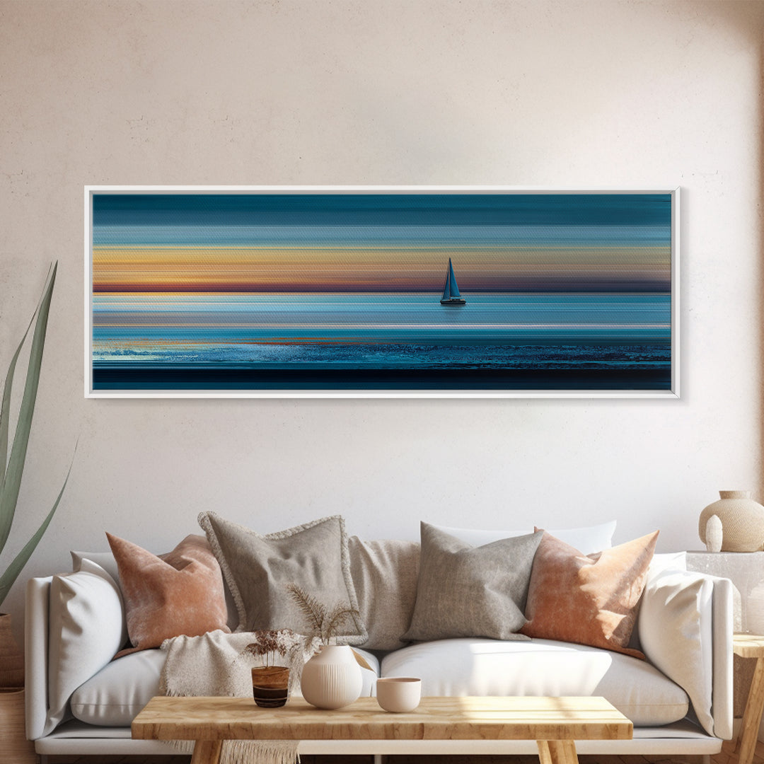 Lone Sailboat At Teal Sunset Seascape Wall Art, Panoramic Ocean Canvas, Coastal Living Room Decor, Modern Blue Art Print