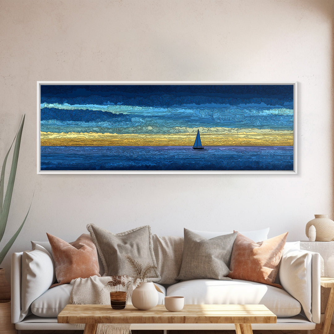 Tiny Sailboat On Golden Blue Horizon Canvas Print, Panoramic Seascape Wall Decor, Coastal Modern Art For Living Room Decor