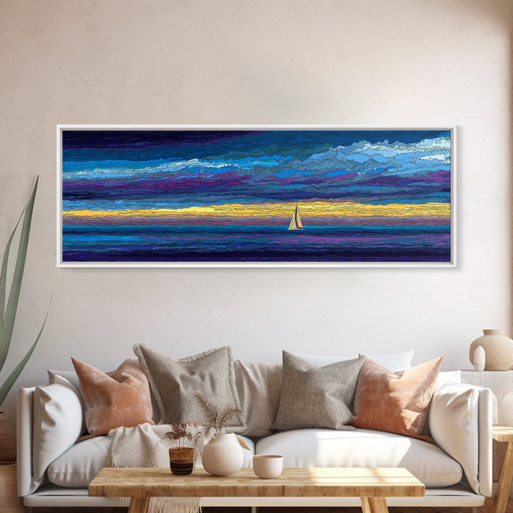 White Sailboat Under Stormy Purple Sky Framed Canvas Print, Panoramic Ocean Wall Art, Coastal Decor, Modern Blue Seascape
