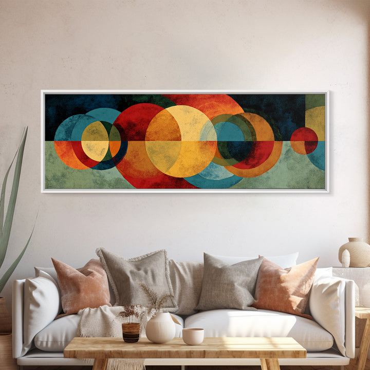 Overlapping Red Yellow Blue Circles Wall Art, Midcentury Modern Geometric Canvas Print, Bold Abstract Living Room Decor Print