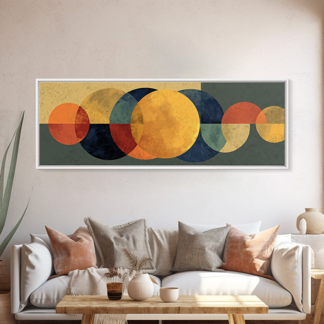 Golden Sun And Navy Circle Abstract Canvas Print, Midcentury Modern Wall Art, Geometric Living Room Decor, Retro MCM Poster