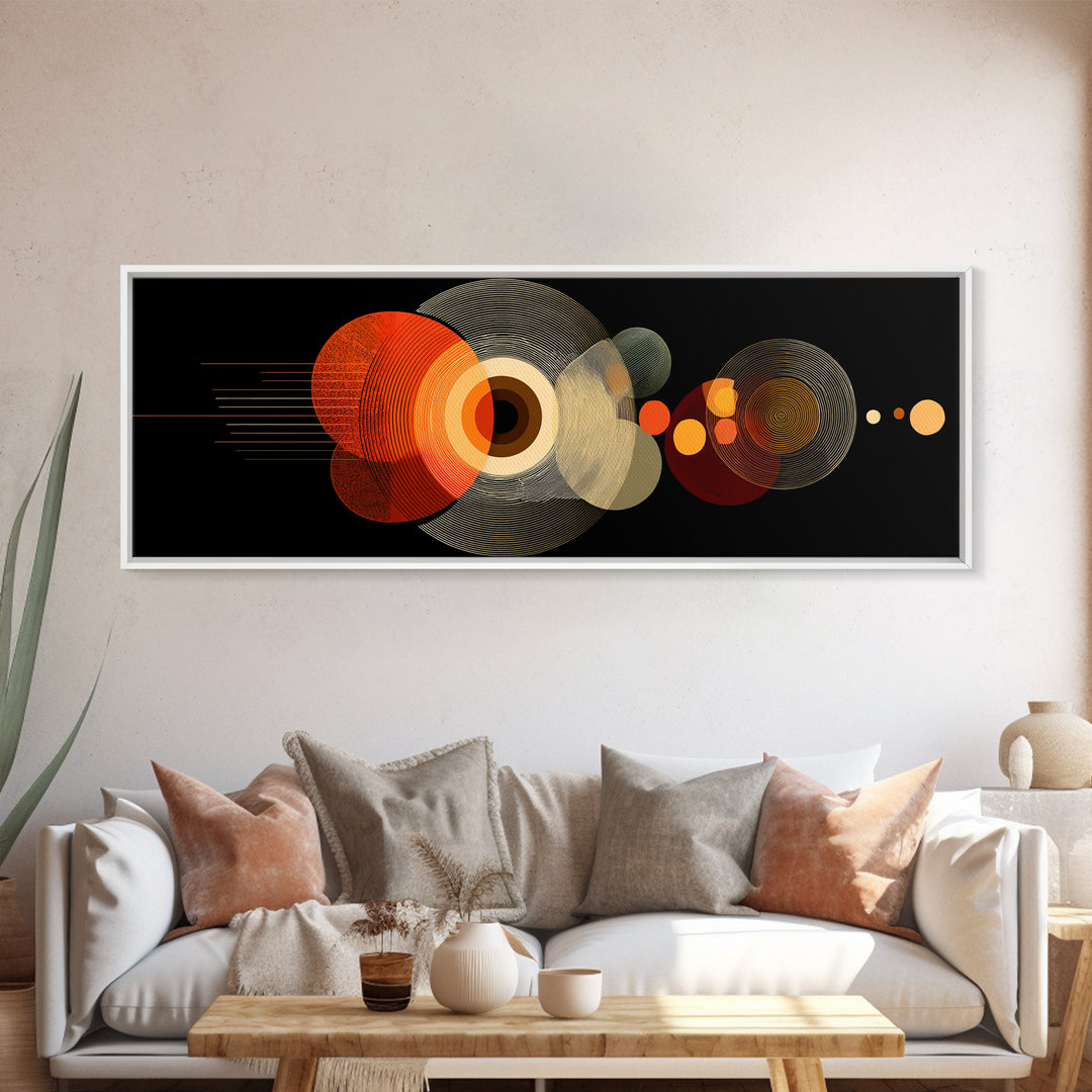 Orange Optical Circles On Black Wall Art, Midcentury Modern Geometric Canvas Print, Atomic Abstract Retro Home Decor Poster