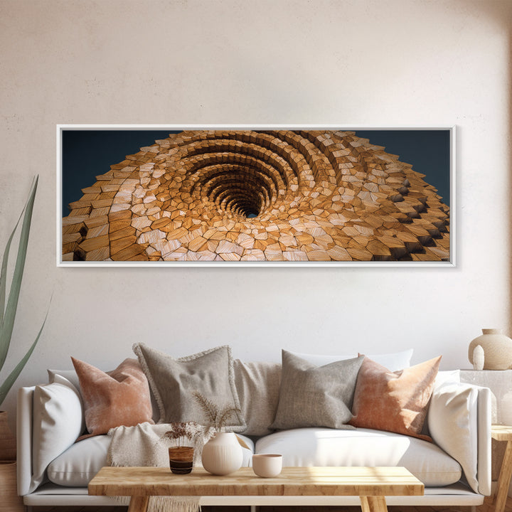 Wooden Spiral Vortex Abstract Wall Art, Midcentury Modern Art Print, Geometric Statement Decor, Large Canvas Print, Earth Tone Home Decor