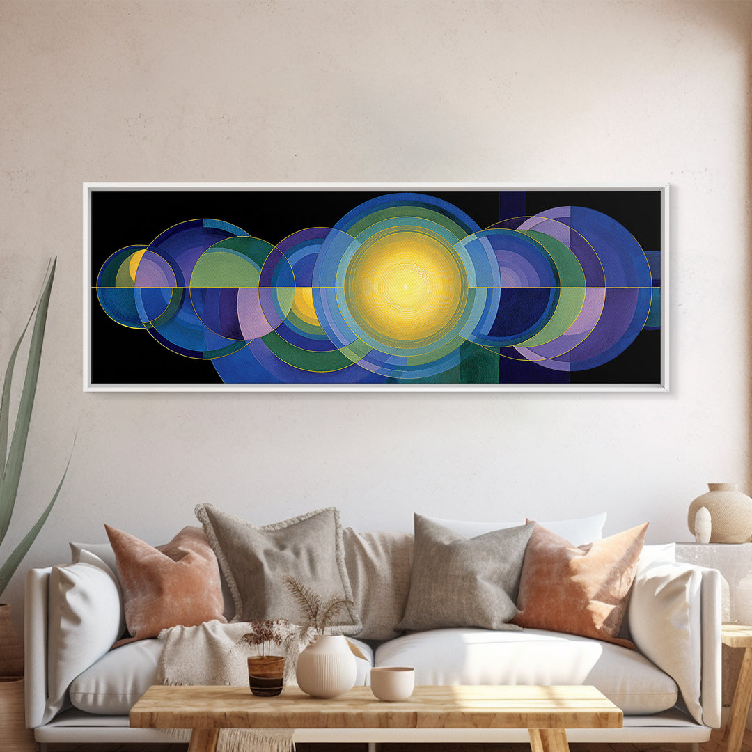 Radiant Yellow Center With Blue Green Circles Wall Art, Midcentury Modern Canvas Print, Geometric Abstract Statement Decor