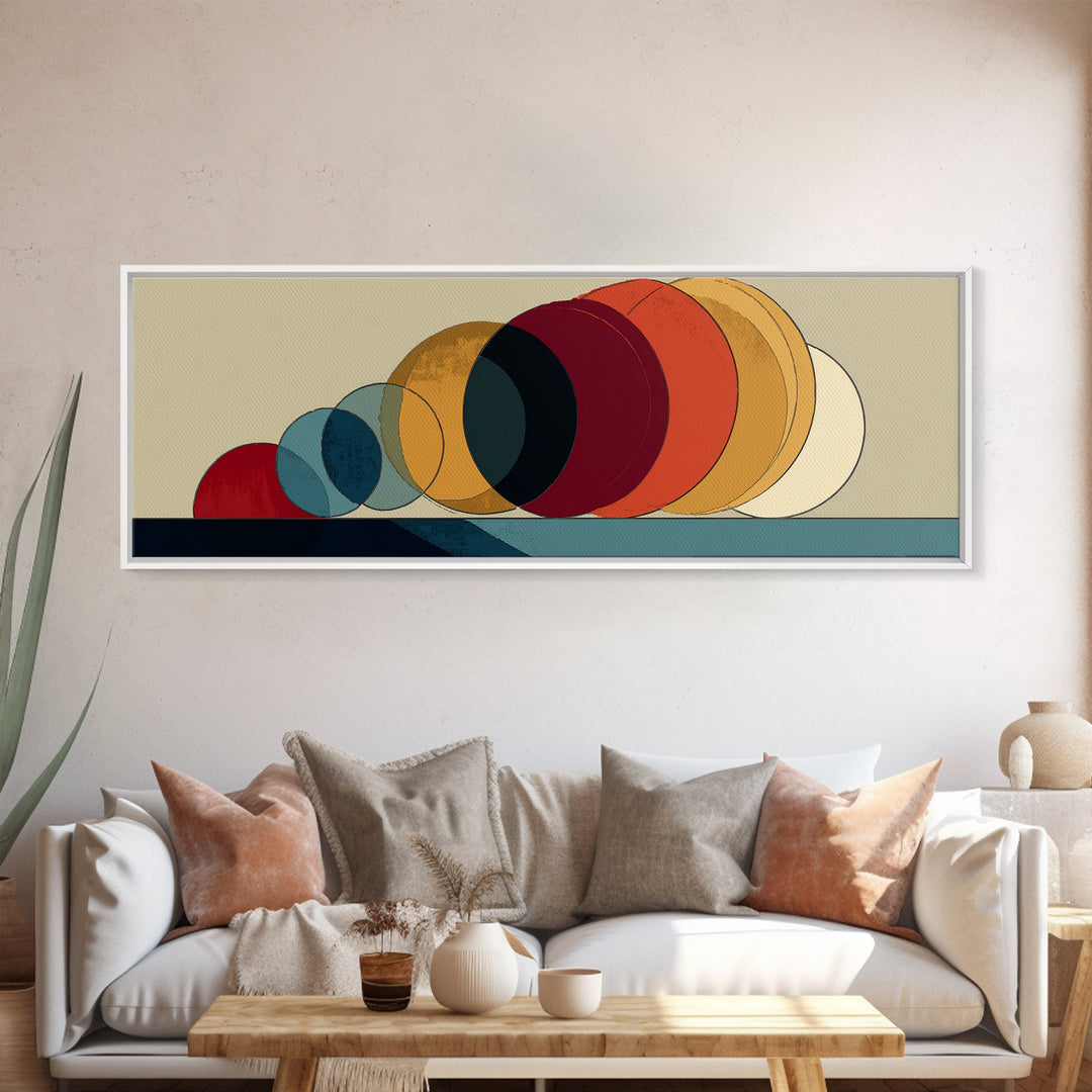 Overlapping Retro Circles In Ochre Red Blue And Cream Canvas Print, Midcentury Modern Art Print, Bauhaus MCM Wall Decor Poster