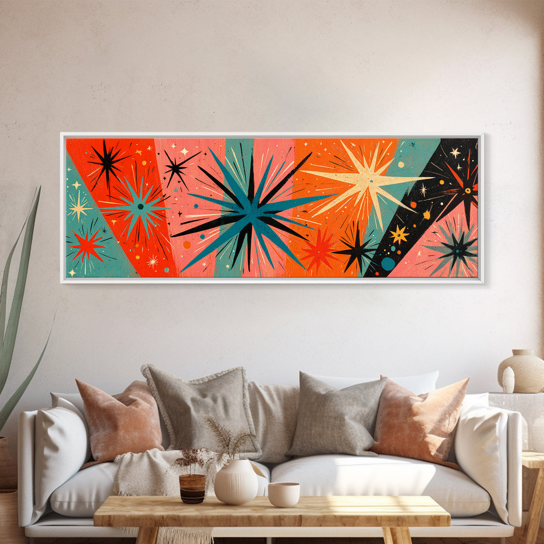 Orange Teal Atomic Starbursts On Coral And Black Canvas Print, Midcentury Modern Wall Art, Retro 50s 60s Home Decor Poster