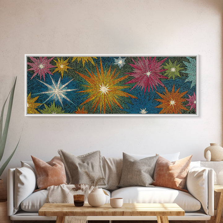 Scratchy Neon Fireworks In Pink Yellow Blue And Green Wall Art, Retro Atomic Starburst Print, Midcentury Modern Home Decor