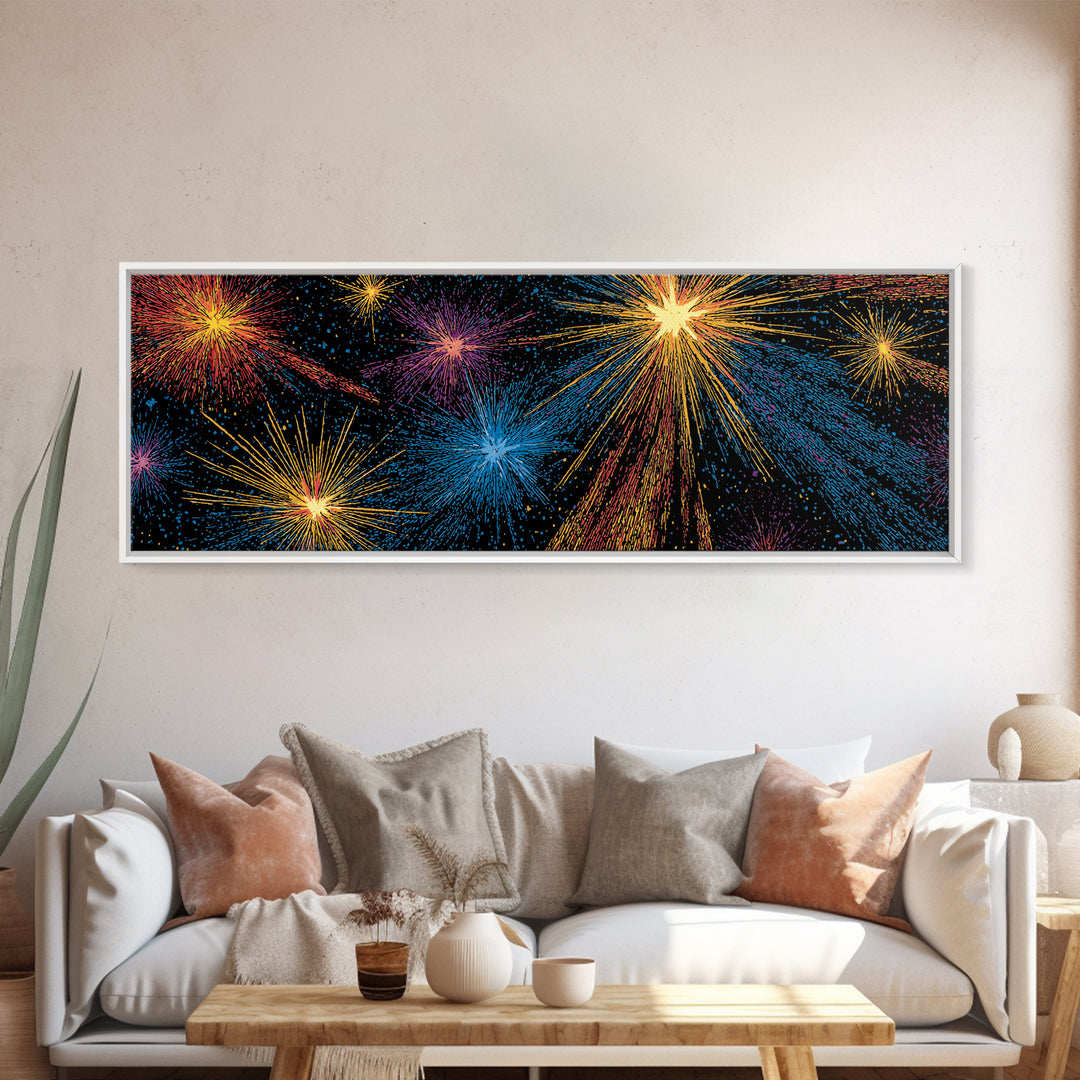 Dark Cosmic Fireworks With Blue Orange Purple And Gold Canvas Print, Retro Space Abstract Wall Art, Midcentury Modern Decor