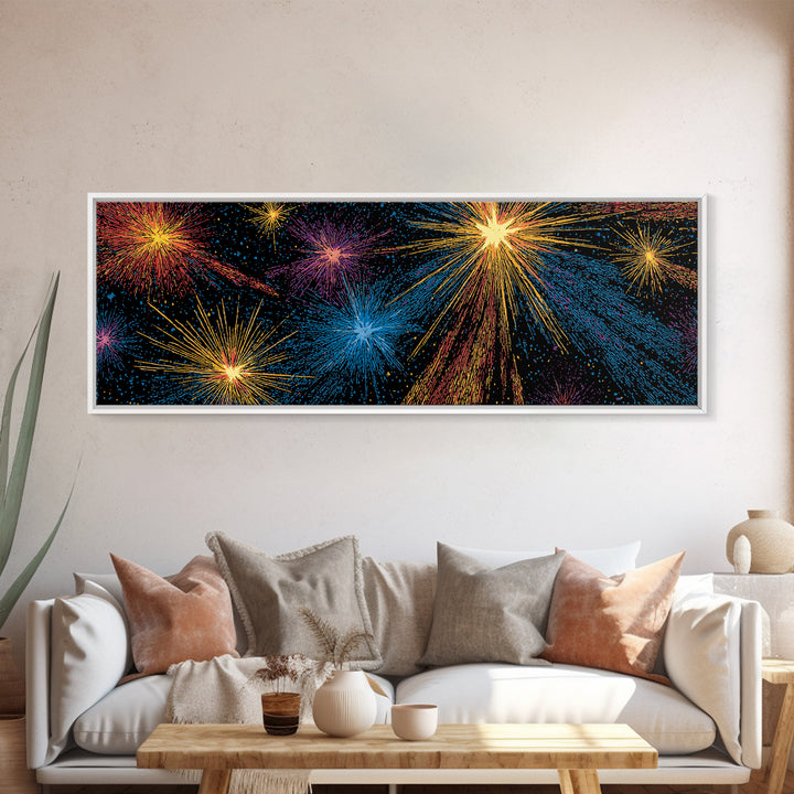 Dark Cosmic Fireworks With Blue Orange Purple And Gold Canvas Print, Retro Space Abstract Wall Art, Midcentury Modern Decor
