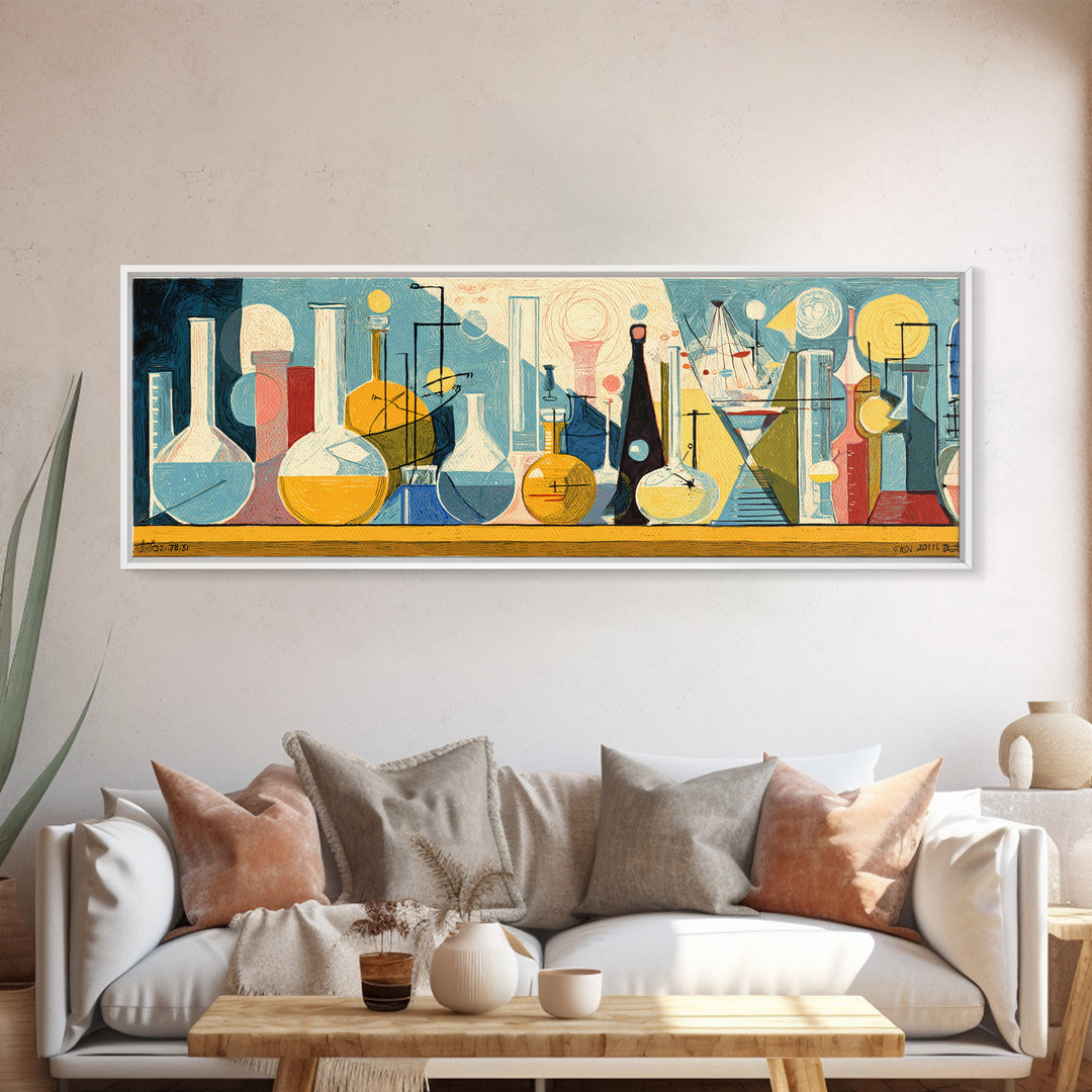 Modernist Laboratory Bottles And Beakers In Aqua Gold And Red Framed Canvas Print, Midcentury Modern Wall Art, Science Decor