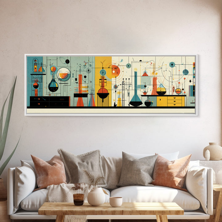 Atomic Science Instruments With Beakers Charts And Geometric Lines Canvas Print, Midcentury Modern Wall Art, Retro Lab Decor