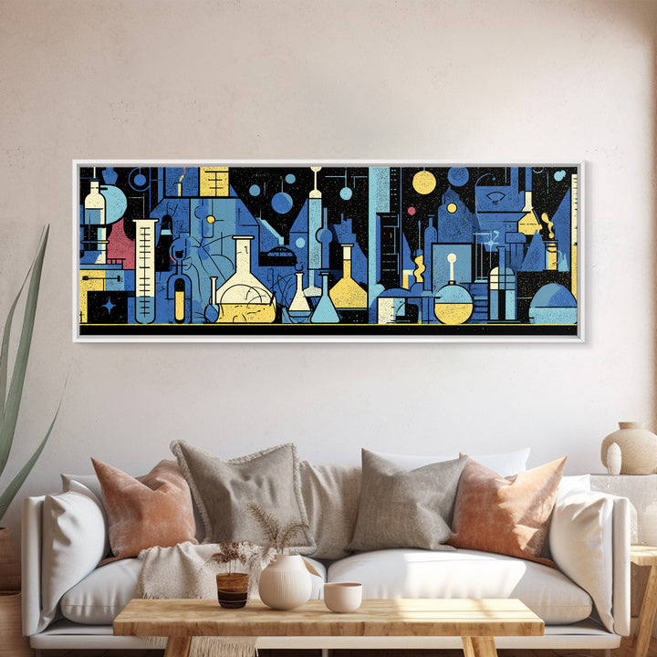 Blue Chemistry Laboratory Glassware Wall Art, Mid Century Modern Abstract Science Poster, Geometric Office Decor Print Set