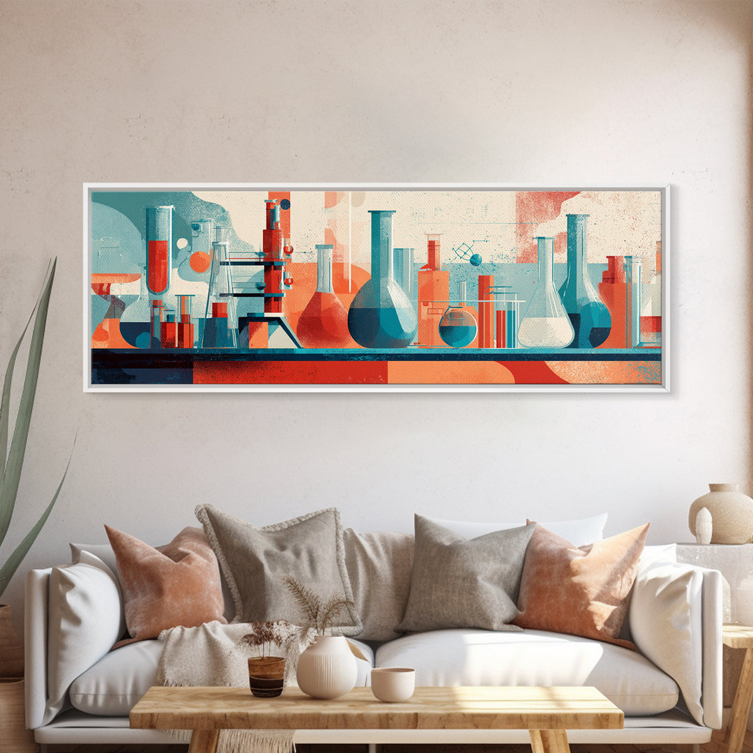 Teal And Coral Science Lab Framed Canvas Print, Mid Century Modern Chemistry Wall Art, Retro Abstract Office Decor Poster