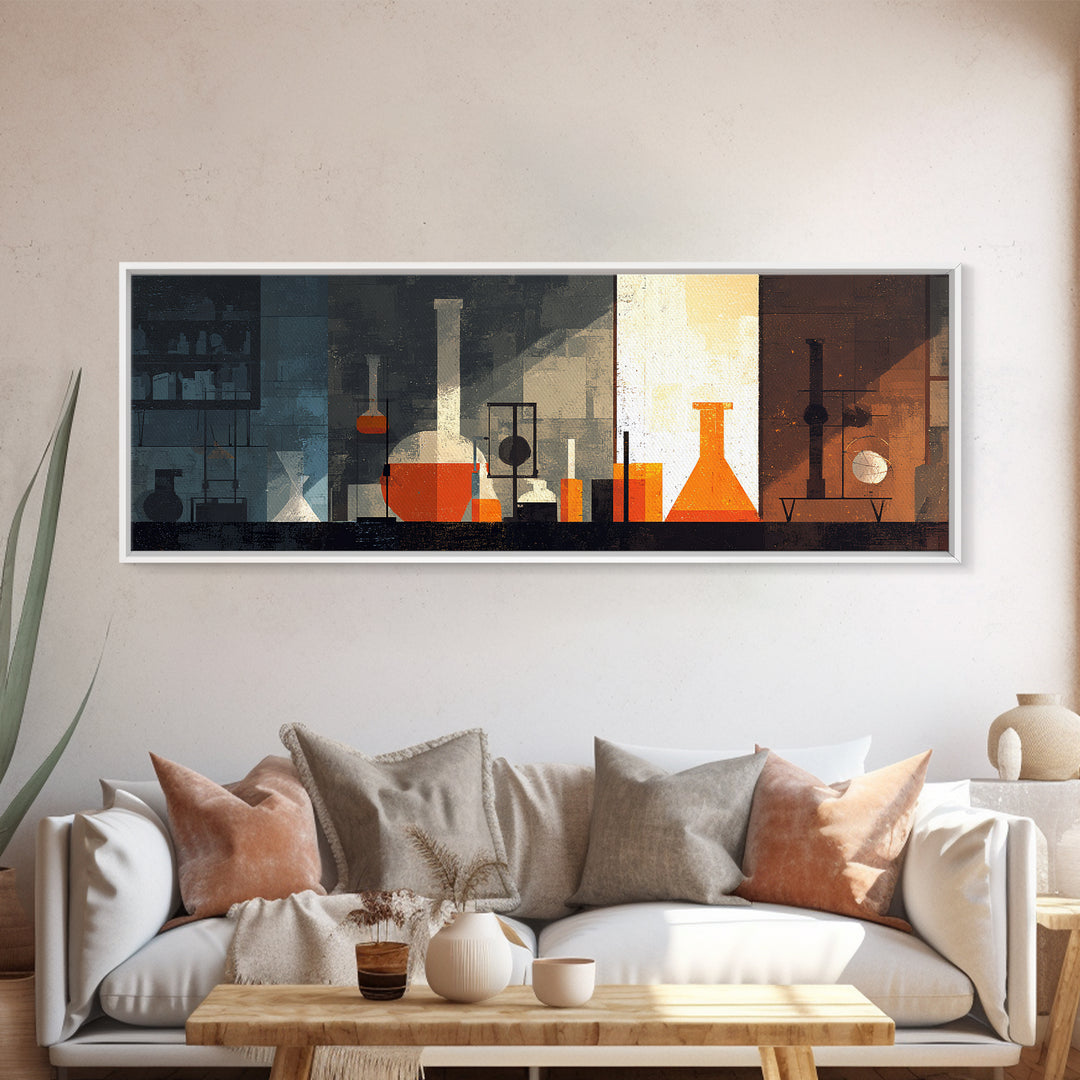 Moody Orange Laboratory Glassware Wall Art, Mid Century Modern Science Poster, Abstract Chemistry Office Decor Print For Lab