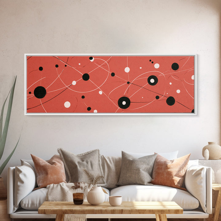 Coral Atomic Orbit Abstract With Black And White Dots, Midcentury Modern Wall Art, Retro Space Poster, MCM Home Decor, Large Canvas Print