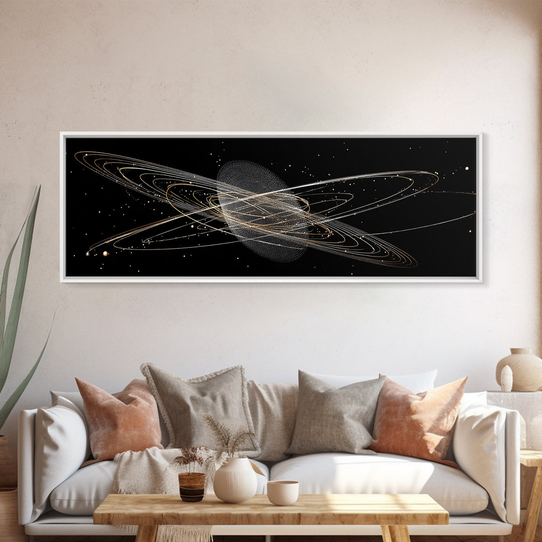 Golden Saturn Orbit Particle Rings On Black, Cosmic Wall Art, Modern Abstract Art Print, Space Framed Canvas Print, For Office Decor