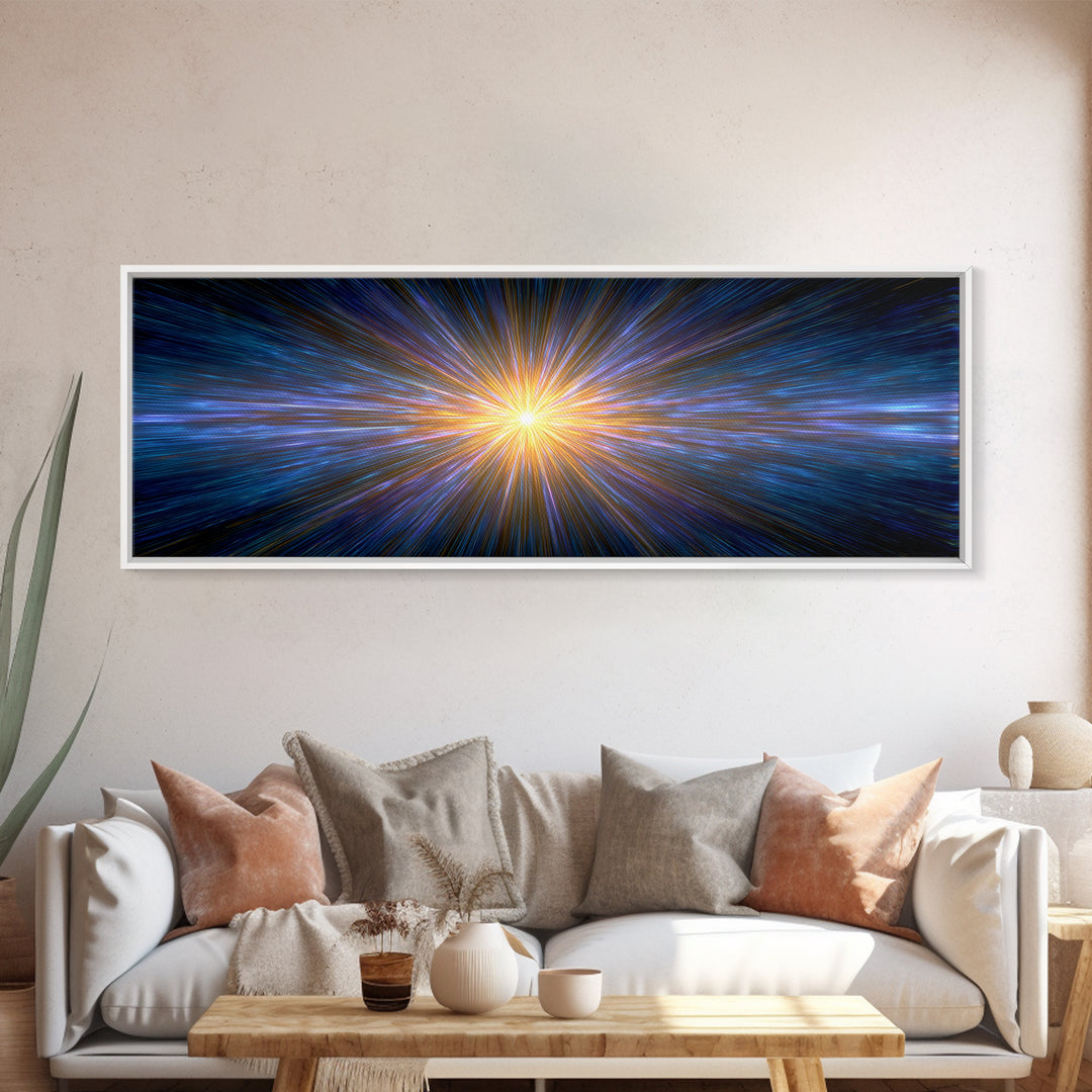 Radiant Blue And Gold Light Burst Horizon, Space Abstract Wall Art, Modern Digital Art Print, Sci Fi Canvas Print For Home
