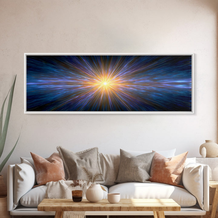 Radiant Blue And Gold Light Burst Horizon, Space Abstract Wall Art, Modern Digital Art Print, Sci Fi Canvas Print For Home