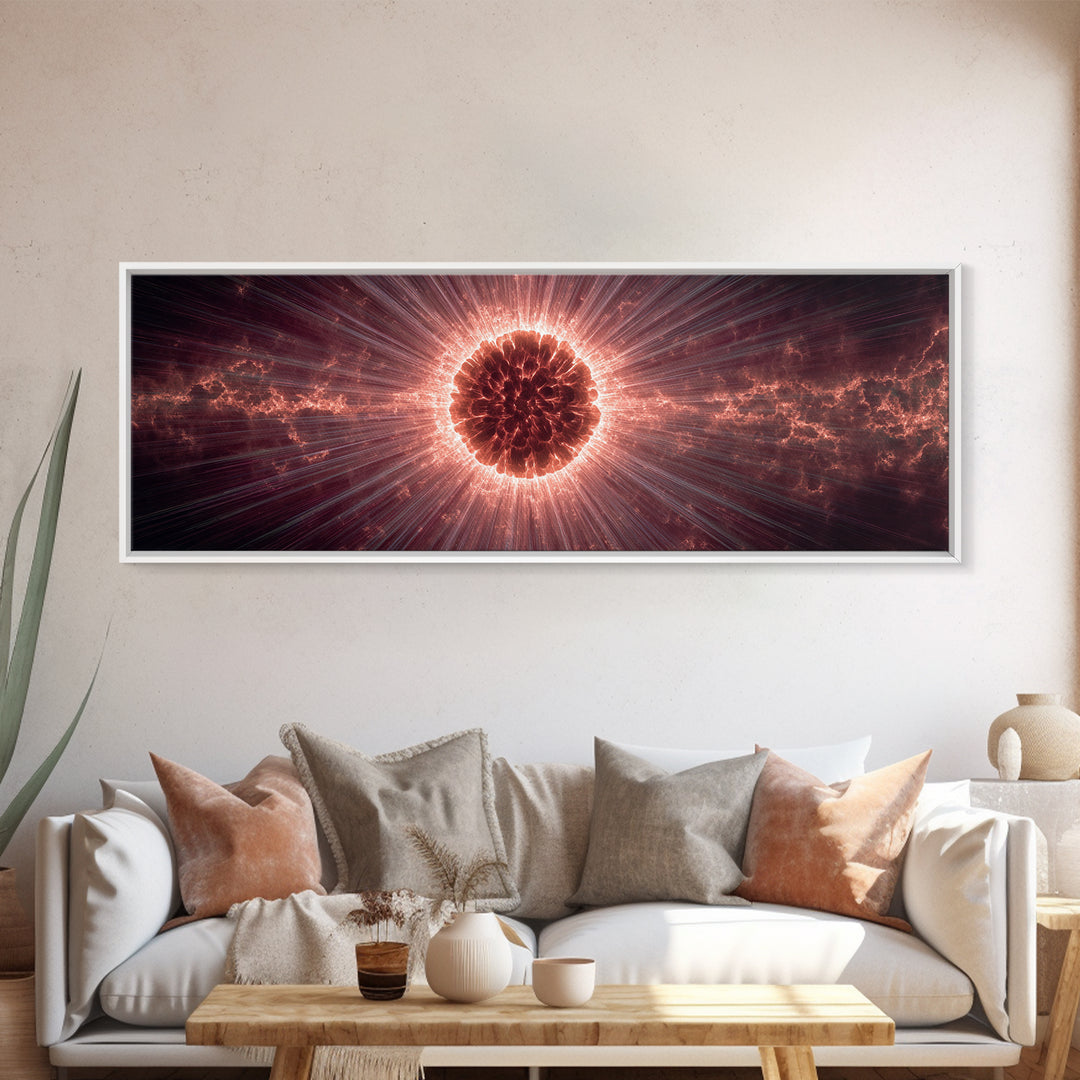 Red Solar Eclipse Corona With Dramatic Rays, Space Abstract Wall Art, Modern Digital Art Print, Cosmic Framed Canvas Print