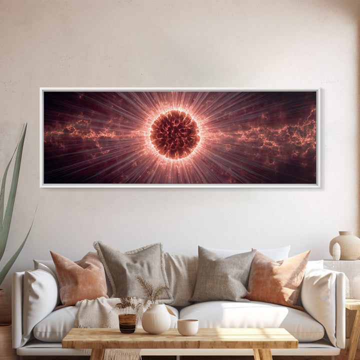 Red Solar Eclipse Corona With Dramatic Rays, Space Abstract Wall Art, Modern Digital Art Print, Cosmic Framed Canvas Print