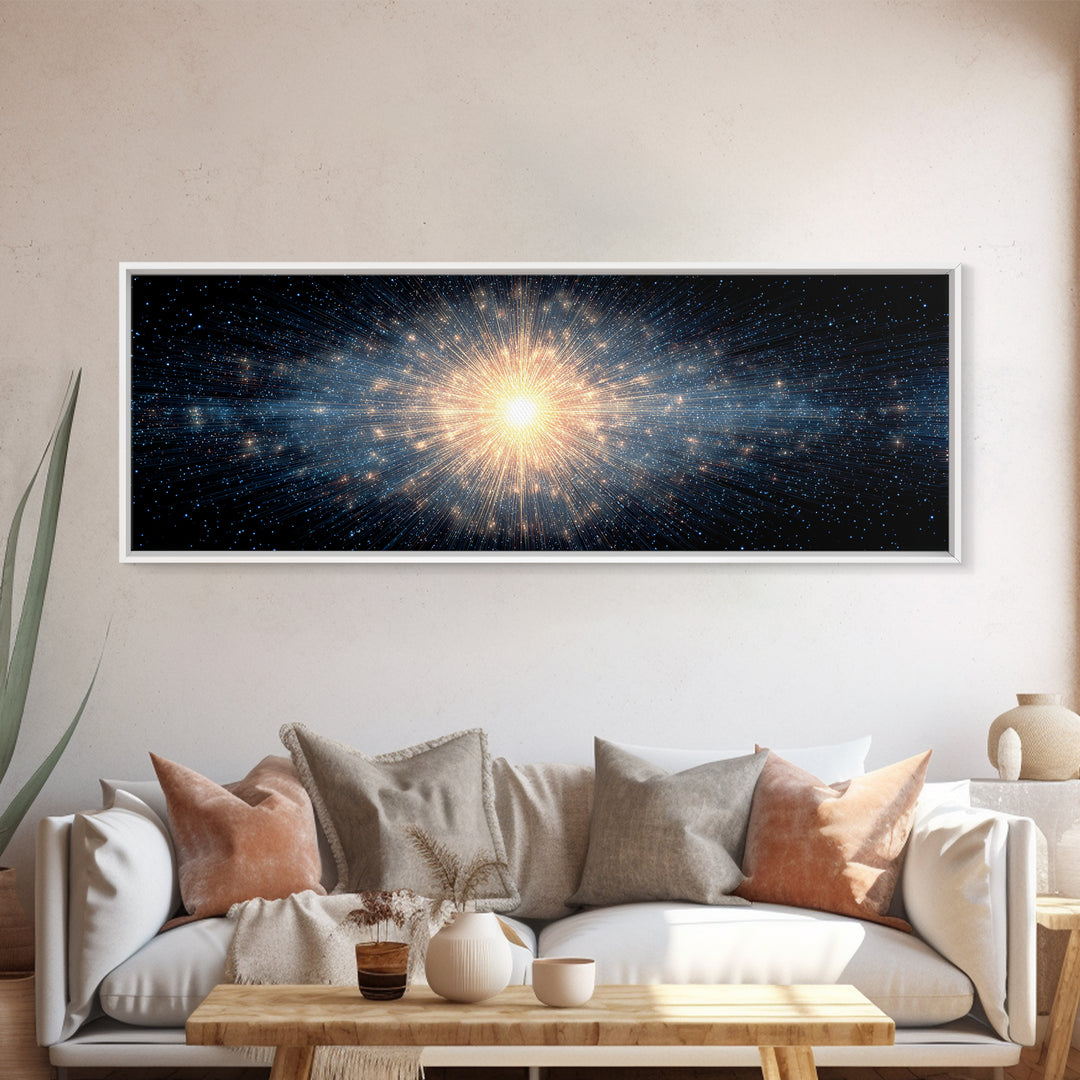 Cosmic Golden Starburst Canvas Print, Space Abstract Art, Modern Wall Decor, Sci Fi Galaxy Poster, Large Living Room Art