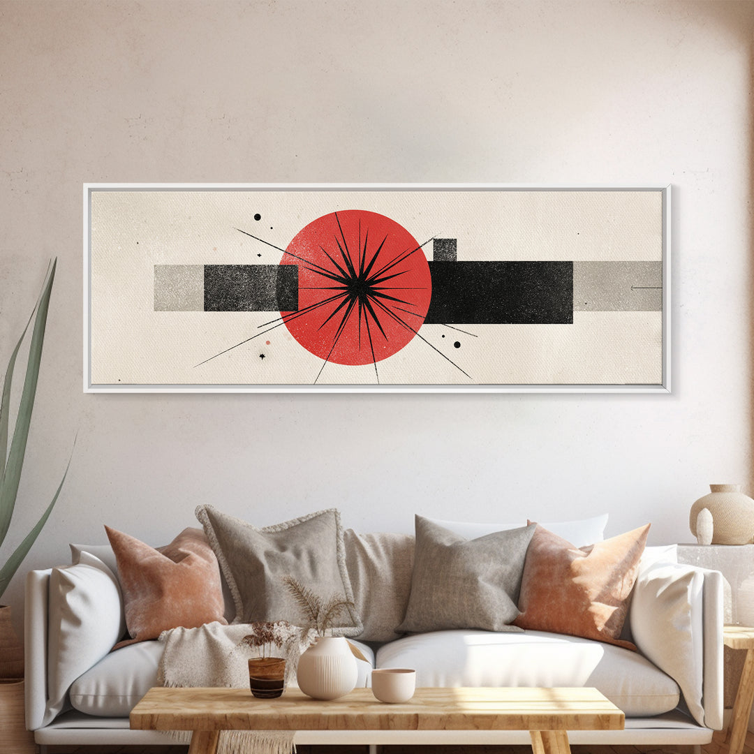 Red Black Atomic Starburst Framed Canvas Print, Midcentury Modern Wall Art, Minimal Geometric Decor, Retro MCM Poster Gift