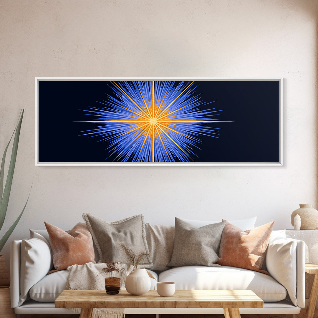 Blue Orange Radiant Starburst Canvas Print, Modern Abstract Wall Art, Cosmic Space Poster, Bold Geometric Living Room Decor