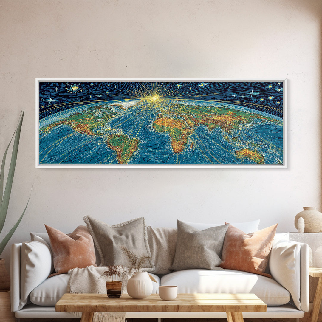 Radiant Earth From Space Wall Art, Midcentury Modern Map Poster, Cosmic Retro Illustration Canvas Print, Blue Home Decor