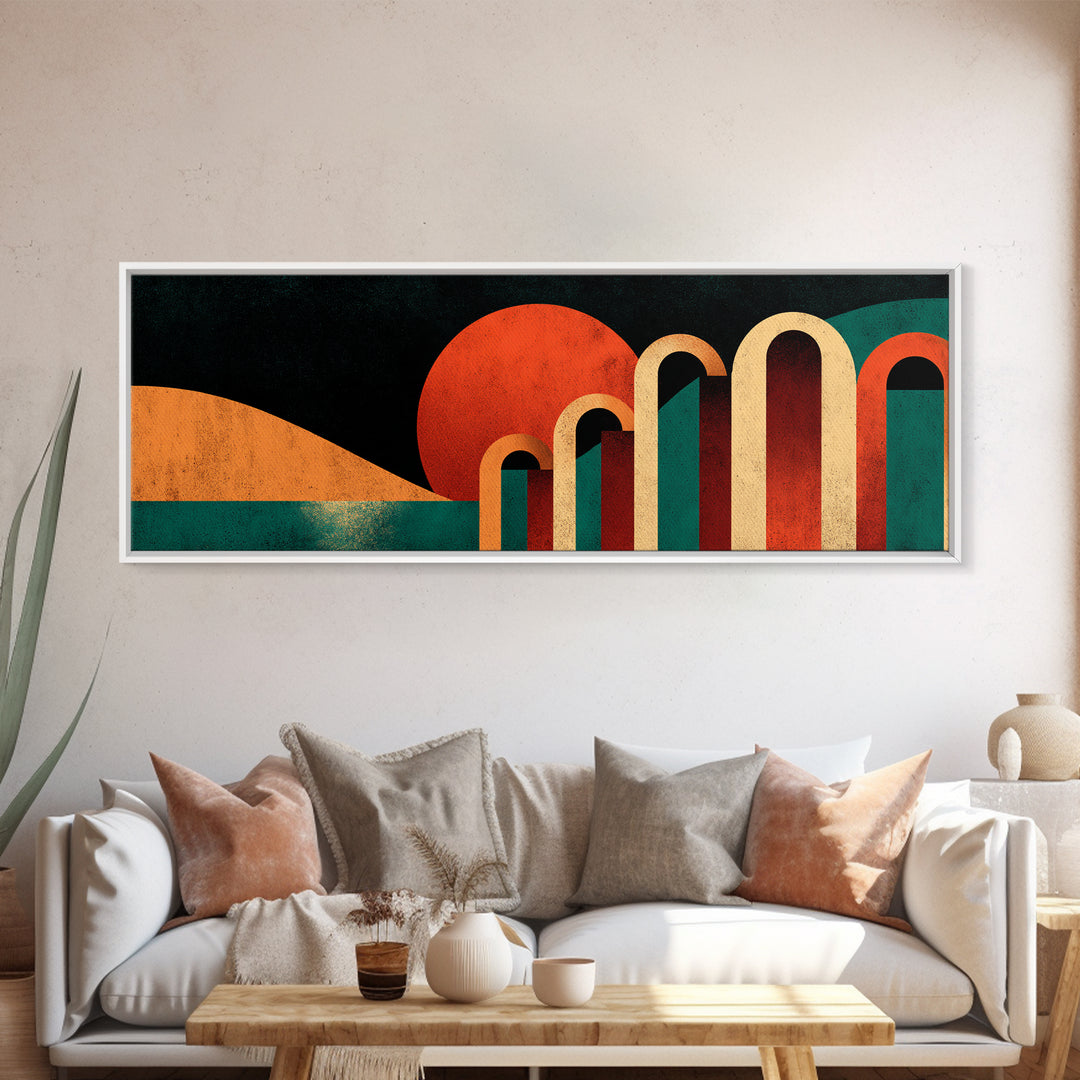 Desert Sunset With Teal Horizon And Retro Arches Canvas Print, Mid Century Modern Wall Decor, MCM Abstract Orange Art Poster