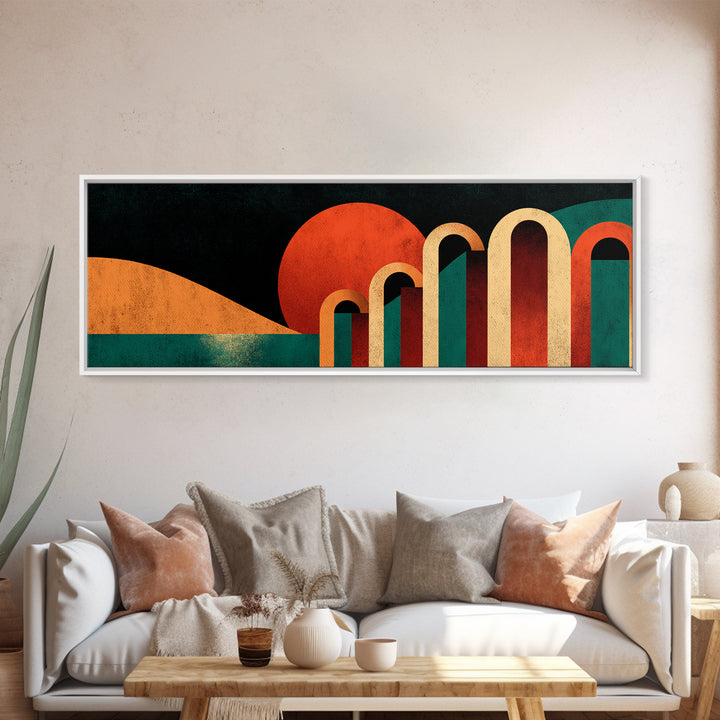 Desert Sunset With Teal Horizon And Retro Arches Canvas Print, Mid Century Modern Wall Decor, MCM Abstract Orange Art Poster