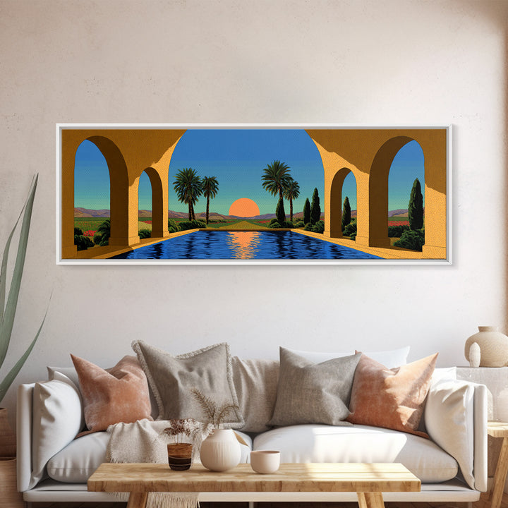 Palm Springs Pool With Golden Arches And Sunset Framed Canvas Print, Mid Century Modern Travel Poster Large Wall Art Decor