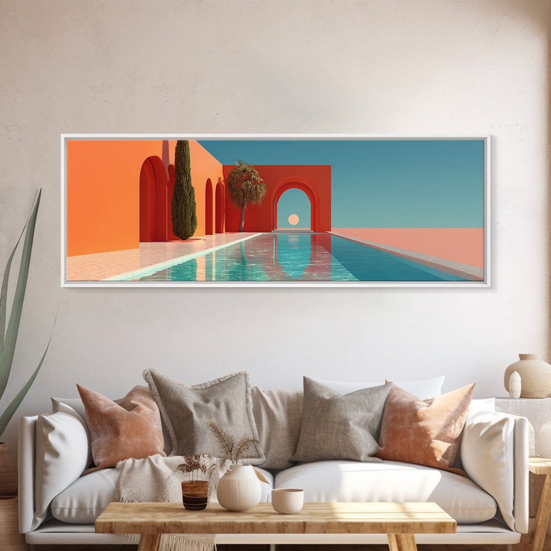 Red Arch Pool With Cypress Trees And Aqua Sky Canvas Print, Minimalist Mid Century Modern Wall Art, Palm Springs Decor Poster