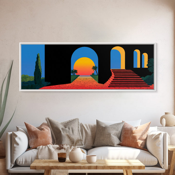 Black Blue Terrace With Sunset Portal And Red Steps Wall Art, Retro Mid Century Modern Poster, MCM Architectural Decor Print