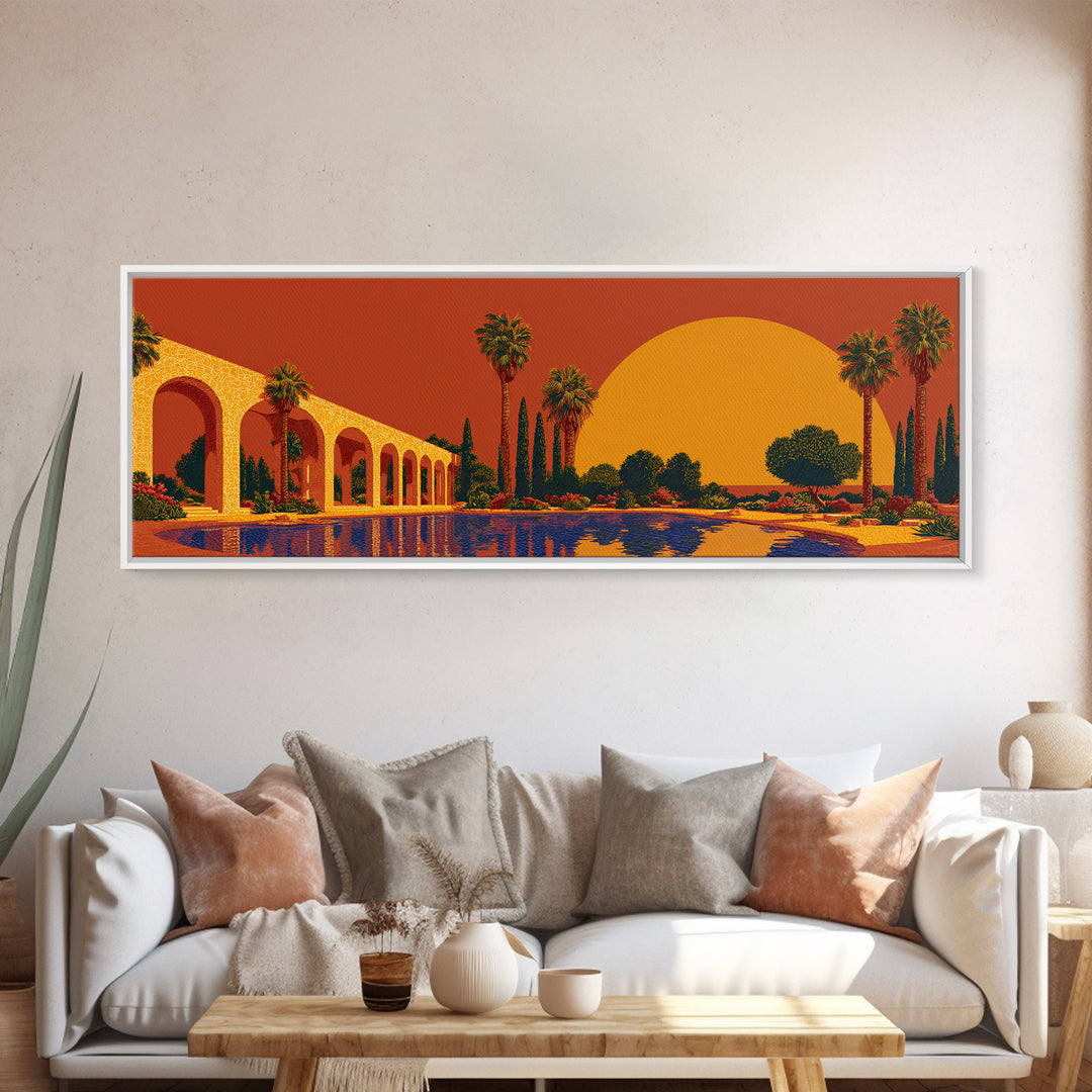 Orange Palm Oasis With Colonnade Pool And Giant Sun Framed Canvas Print, Mid Century Modern Wall Art, Retro Desert Decor