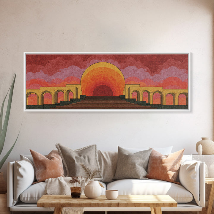 Monumental Sunset Theater With Arches And Stone Steps Canvas Print, Retro Mid Century Modern Wall Art, Orange Landscape Poster