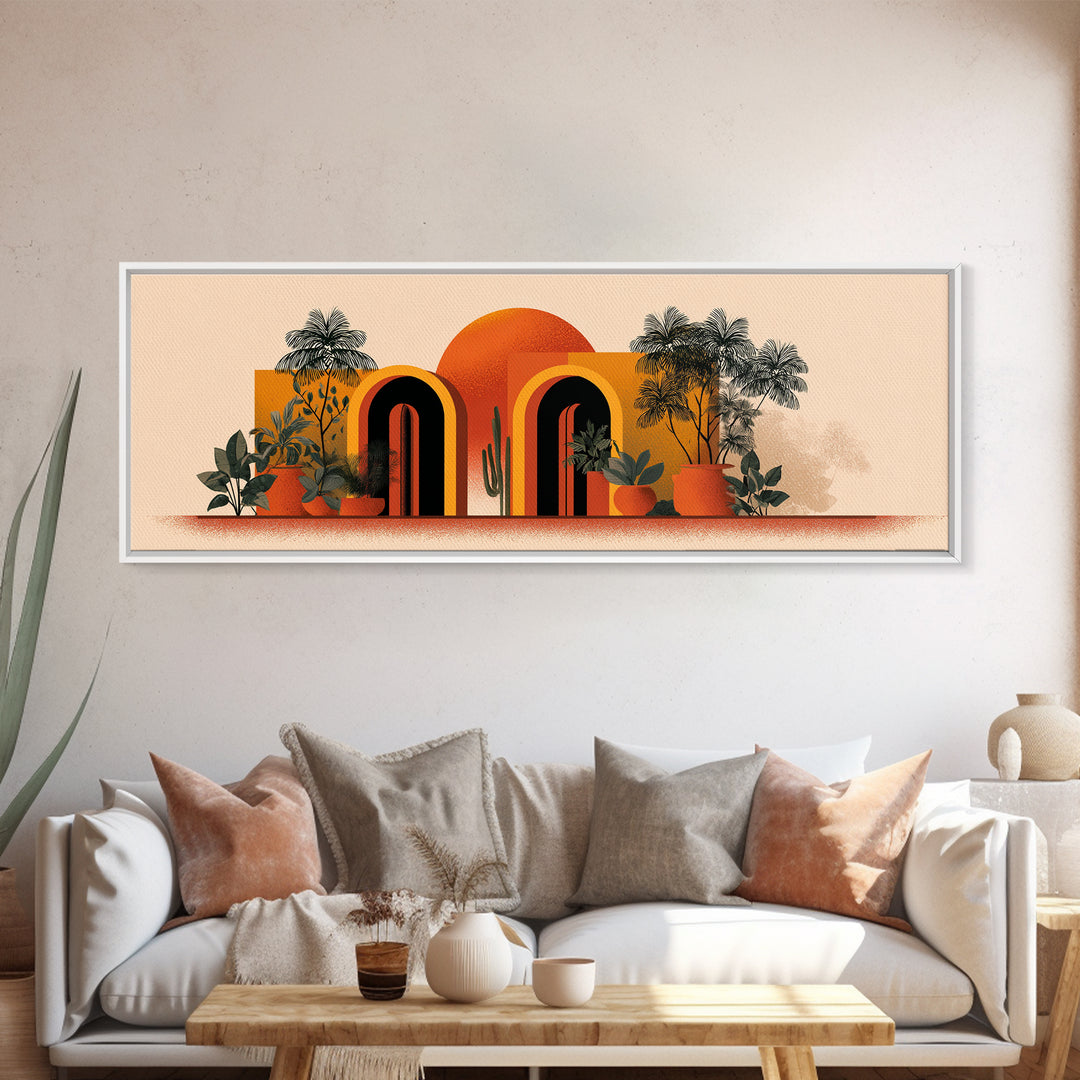 Potted Plants With Orange Sun And Rainbow Arched Doors Wall Art, Mid Century Modern Botanical Decor, MCM Desert Poster Print