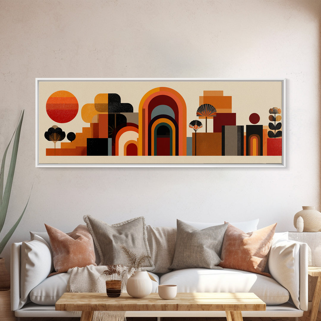 Abstract Desert Village With Arches, Sun, And Potted Plants Canvas Print, Mid Century Modern Wall Art, Geometric MCM Decor