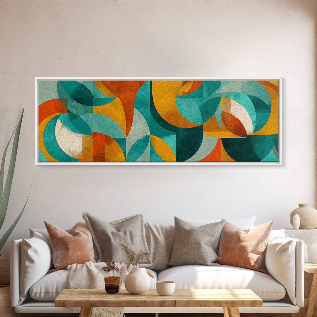 Teal Ochre Geometric Circles And Transparent Shapes Wall Art, Mid Century Modern Abstract Print, Bauhaus Colorblock Decor