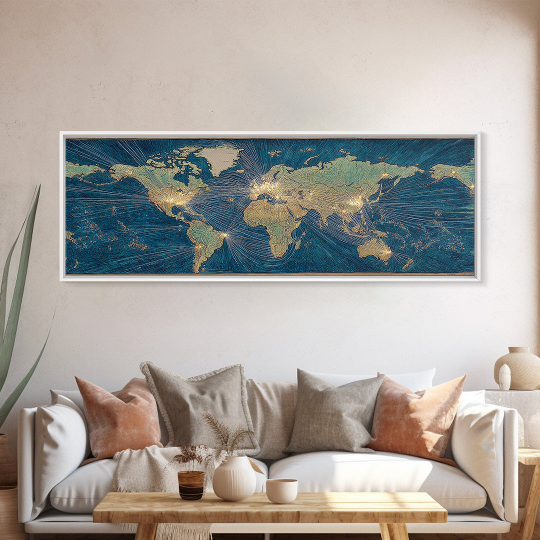 Blue Gold World Map Wall Art, Midcentury Modern Travel Poster, Geometric Global Lines Canvas Print, Office Wall Decor, Gift