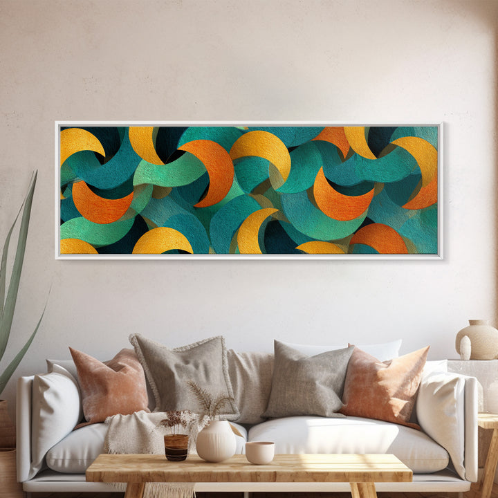 Layered Teal Orange And Gold Crescent Moon Shapes Canvas Print, Retro Mid Century Modern Wall Art, Abstract Pattern Decor