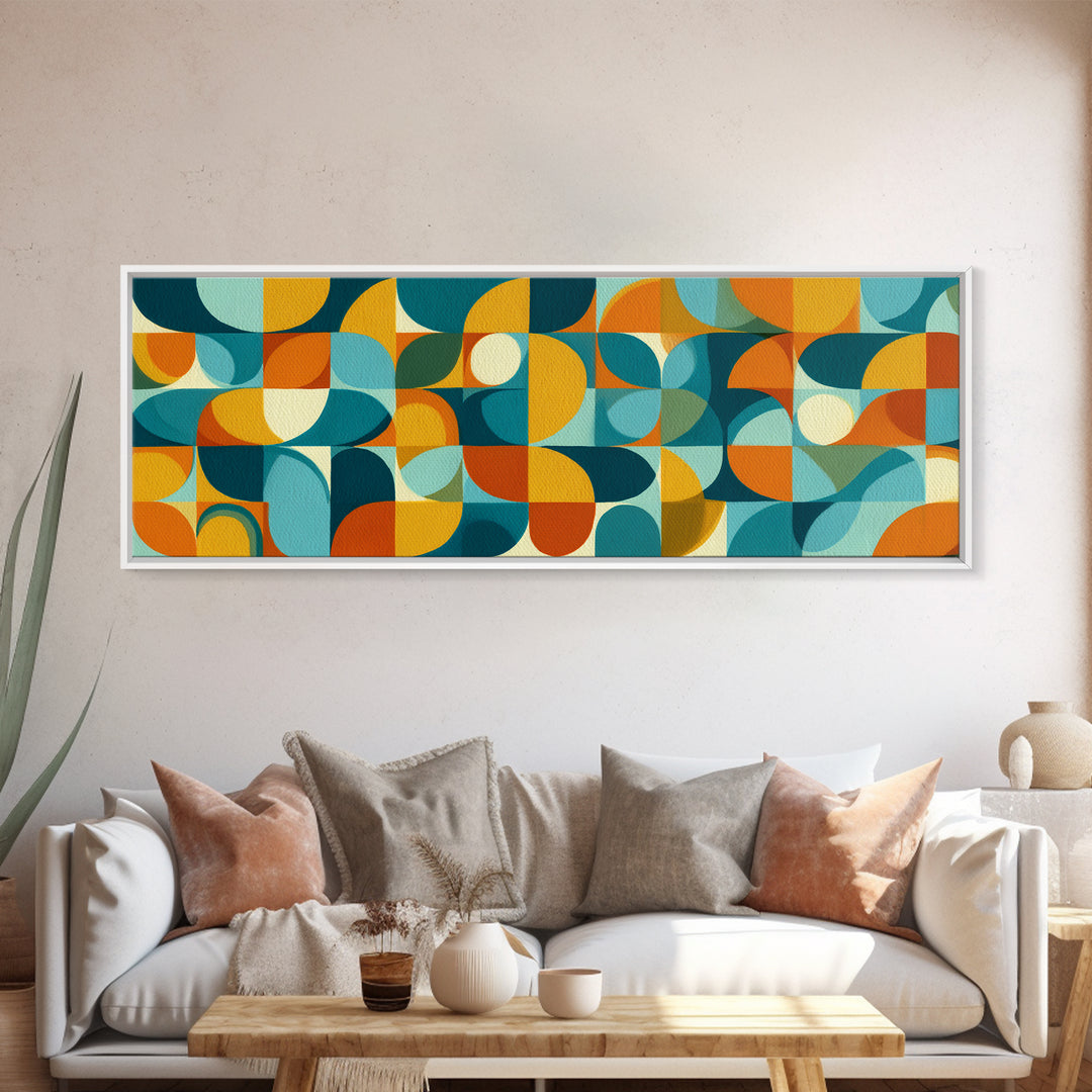 Teal Orange Aqua Rounded Geometric Shapes Canvas Print, Mid Century Modern Wall Art, Retro Bauhaus Poster, Living Room Decor