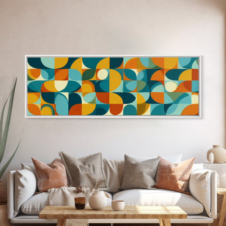 Teal Orange Aqua Rounded Geometric Shapes Canvas Print, Mid Century Modern Wall Art, Retro Bauhaus Poster, Living Room Decor