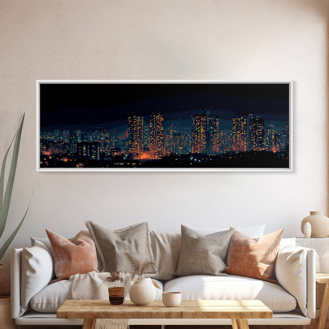 Glowing Night City Skyline Wall Art, Modern Urban Photography Print, Skyscraper Lights Poster, Apartment Living Room Decor